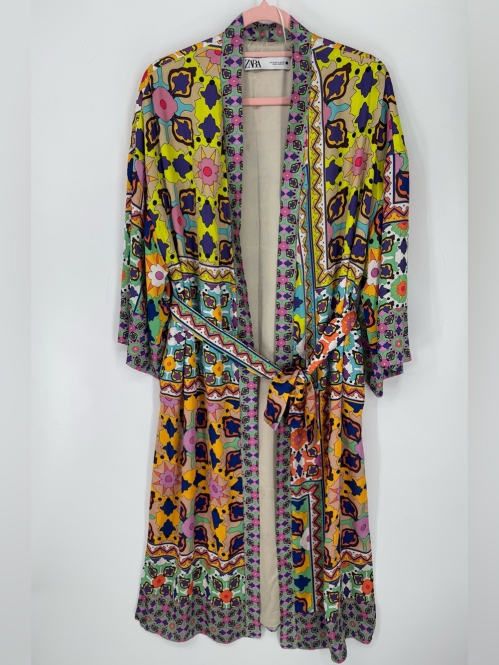 Zara Kimono Robe Midi Open Front W/Tie Dopamine Dressing Maximalist Size Medium